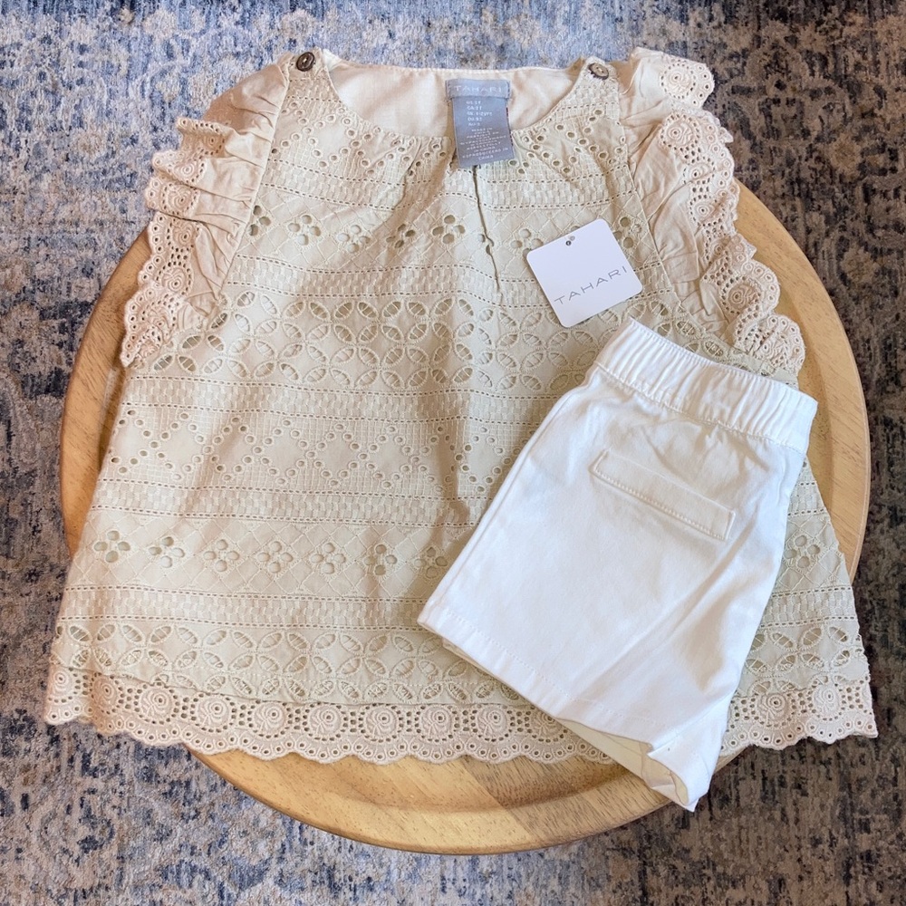 #85. 🆕 NWT - Tahari - Beige Eyelet Ruffle Top with White Shorts Set